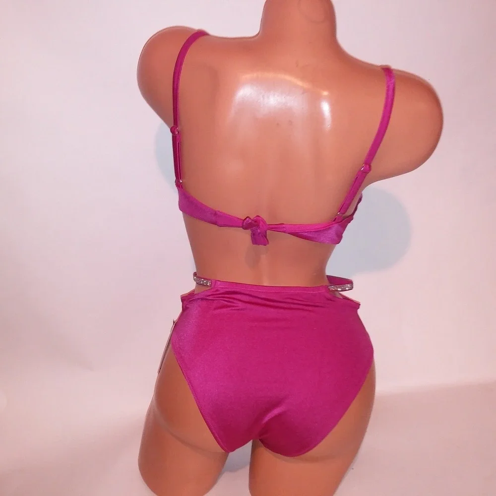 Victoria Secret Swim Bikini 34DD Top Small Bottom Push Up Pink Shine Trim Bling